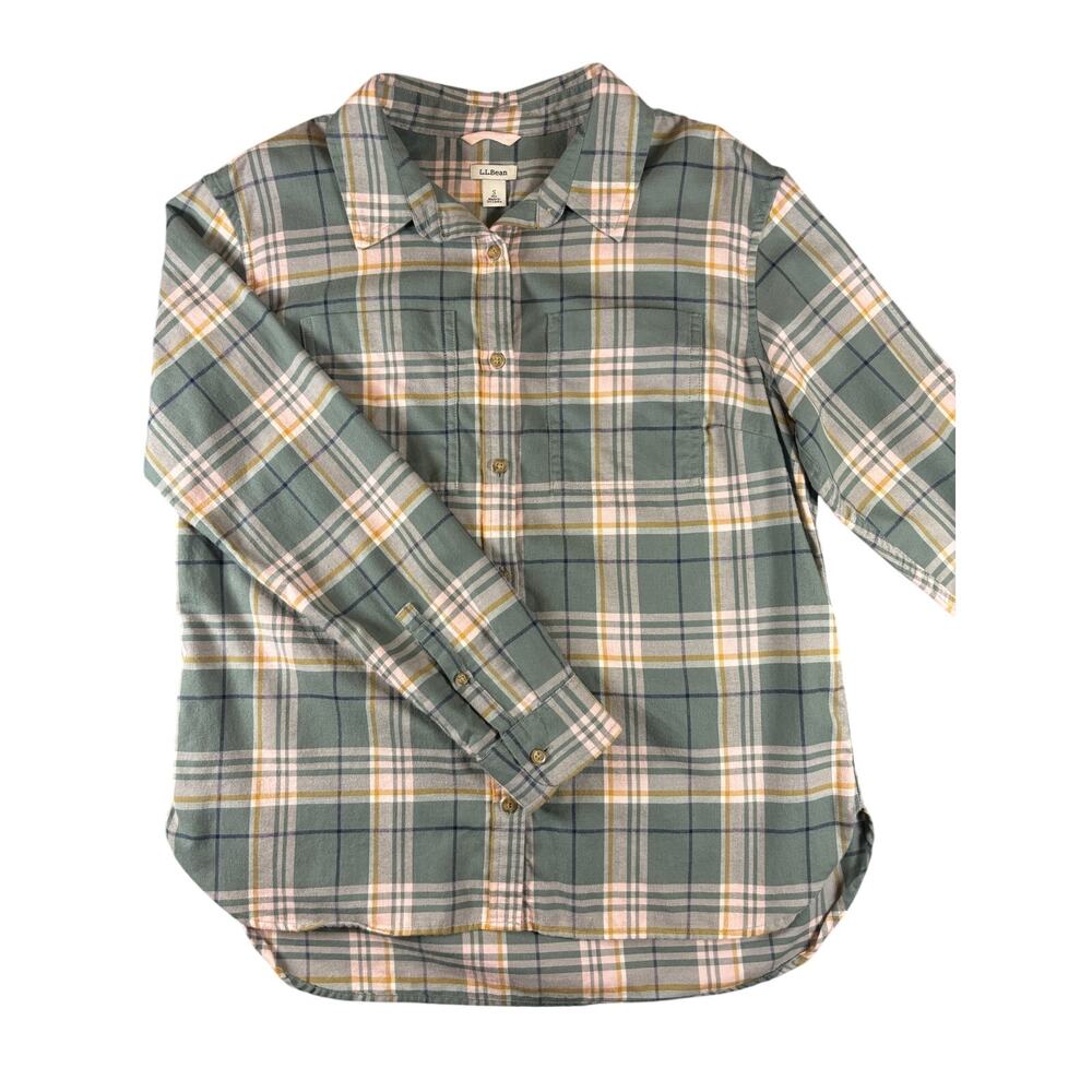 L.L.Bean Sage Pink Plaid Cotton Button Front Shirt Small Regular